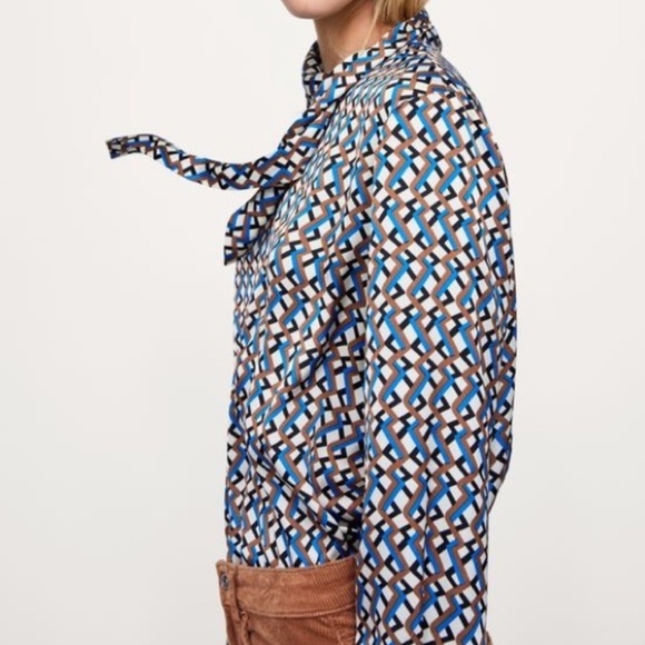 Zara Tops - Zara | Geo Pattern Neck Tie Long Sleeve Jewel Tone Charmeuse Blouse